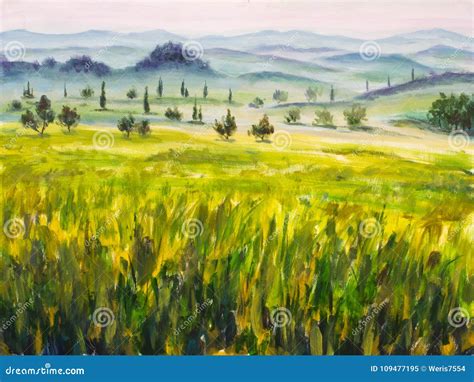 Painting With Italian Country Landscape Typical Tuscan Hills With