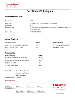 Fillable Online Certificate Of Analysis Thermo Fisher Scientific Fax