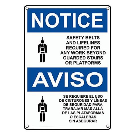 Weatherproof Plastic Vertical Osha Notice Safety Belts And Lifelines Symbol Bilingual Sign With