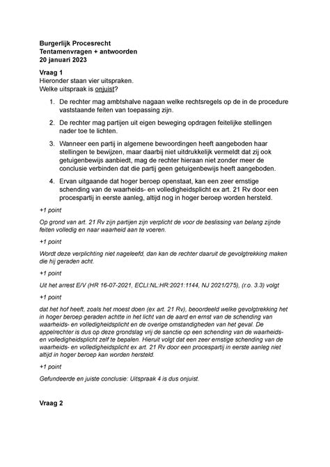 BPR Tentamen 20 Januari 2023 Vragen En Antw Burgerlijk Procesrecht