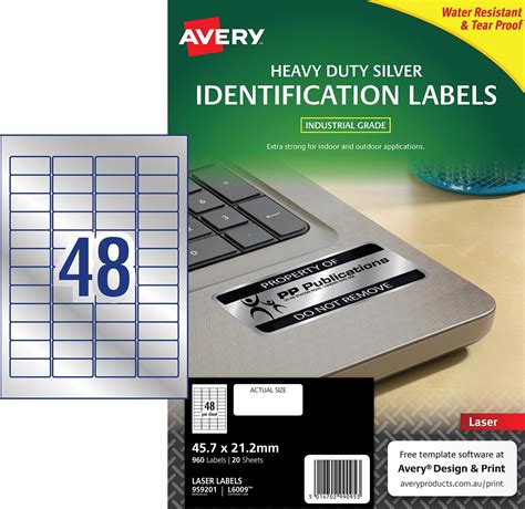 Avery L6009 Laser Labels Heavy Duty Silver 48 Per Page 457 X 212mm 20