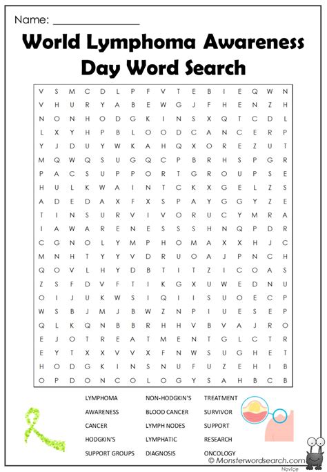 World Lymphoma Awareness Day Word Search Monster Word Search