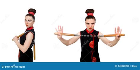 The Funny Woman With Nunchucks Isolated On White Stock Photo Image Of