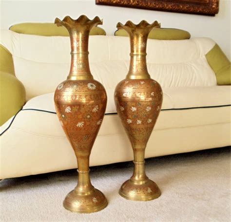 Brass Giant Floor Vases Set Of 2 Vintage Pair Of Ornate Brass Tall Ruffled Edge Red White