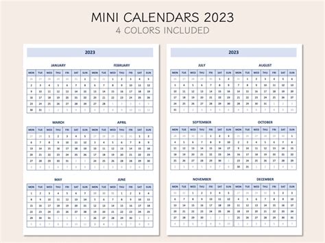 Printable Mini Monthly Calendars Yearly Overview Etsy Hong Kong