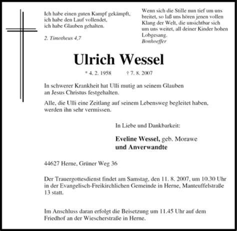 Traueranzeigen Von Ulrich Wessel Trauer In Nrw De