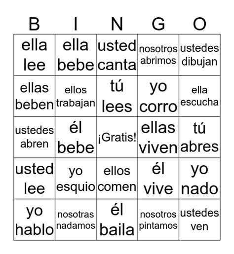 Los Verbos Ar Er Ir Bingo Card