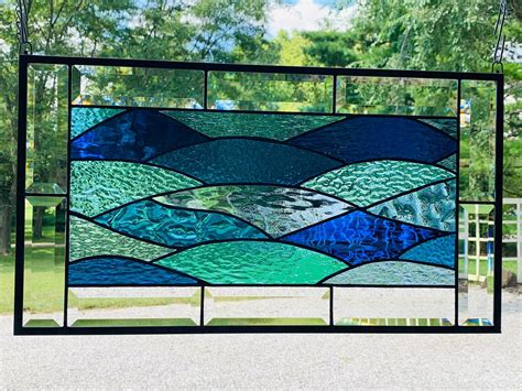 Honeydewglass Stained Glass Ocean Waves With Bevel Border Etsy