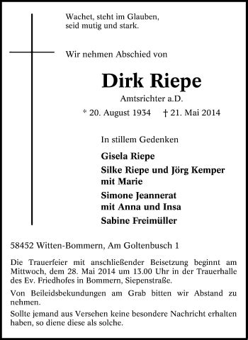 Traueranzeigen Von Dirk Riepe Trauer In Nrw De