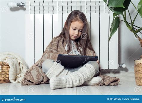 Small Cute Brunette Long Haired Girl Using Electronic Tablet Watch Video Share Messages