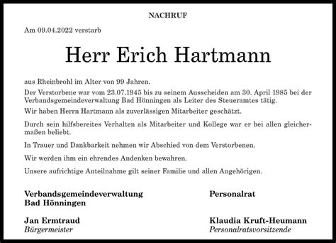 Traueranzeigen Von Erich Hartmann Rz Trauer De