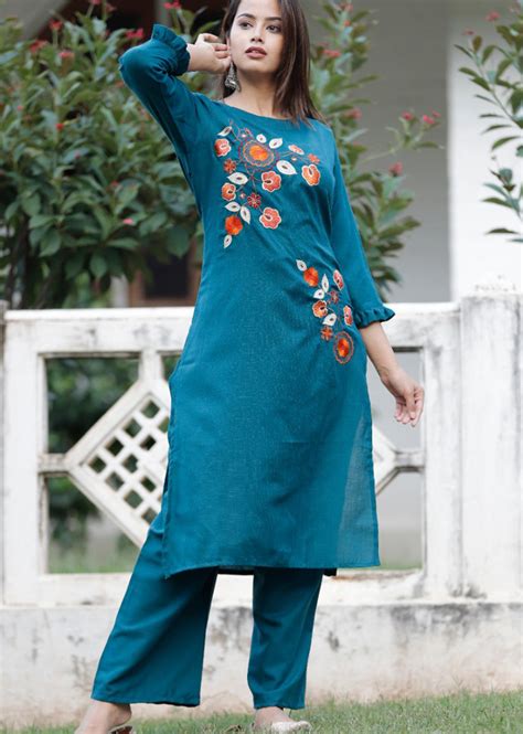 Blue Kurti And Palazzo Set With Hand Embroidery Atelier Yuwa Ciao Jp