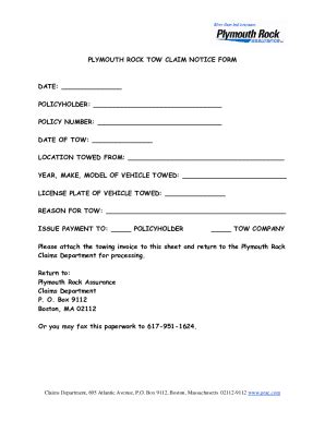 Fillable Online Plymouth Rock Tow Claim Notice Form Fax Email Print