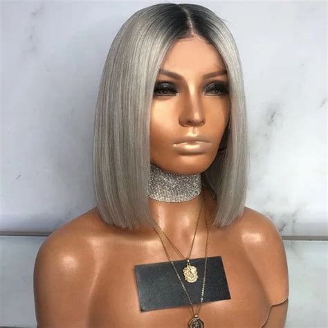 Short Straight 13x6 Lace Frontal Ash Grey Brazilian Human Hair Bob Wig