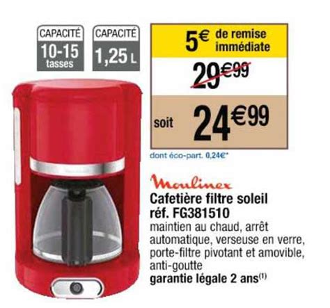 Promo Cafetière Filtre Soleil Moulinex Réf. Fg381510 chez Cora ...