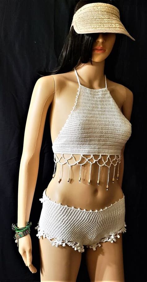 Croptop Blouse Tees T Shirt Handknitted Crochet Vintage Retro Trend