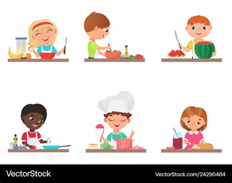 Cute Cartoon Kids Preparing Food On The Kitchen Vector Image