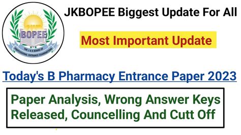 Jkbopee Today S B Pharma Entrance Wrong Answer Keys Paper