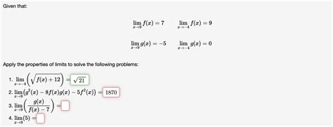 Solved Given That Lim F X 7 Lim F X 9 39 2 4 Lim G X
