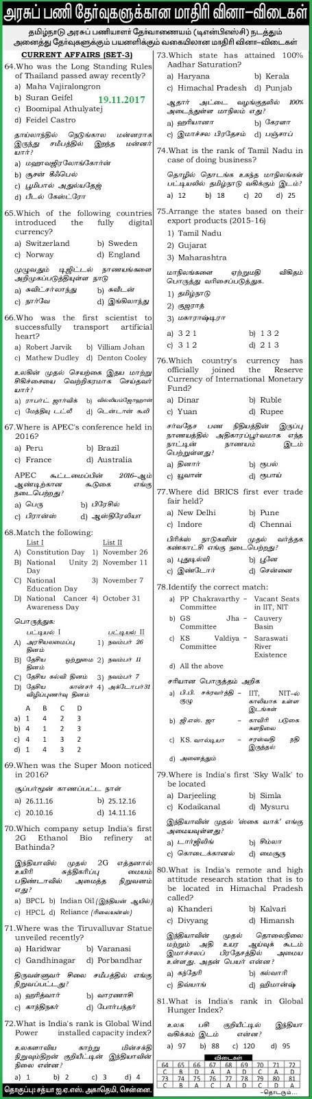 Dinamani TNPSC Model Questions Current Affairs Dated 19 11 2017