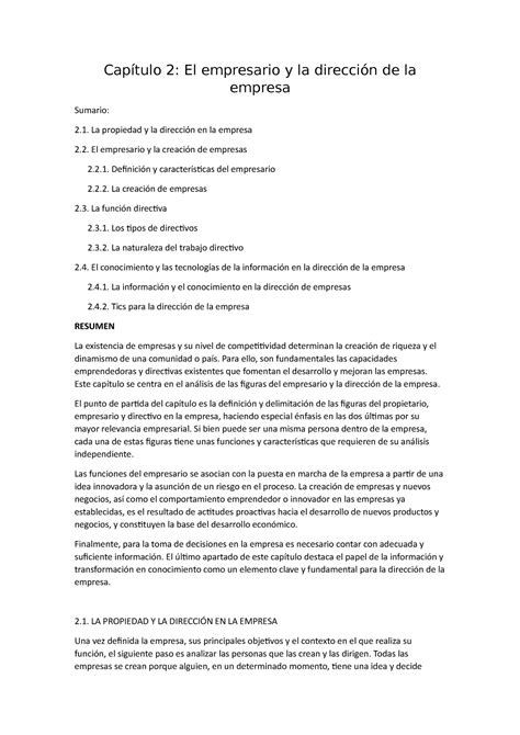 Capítulo 2 El empresario y la dirección de la empresa resumen