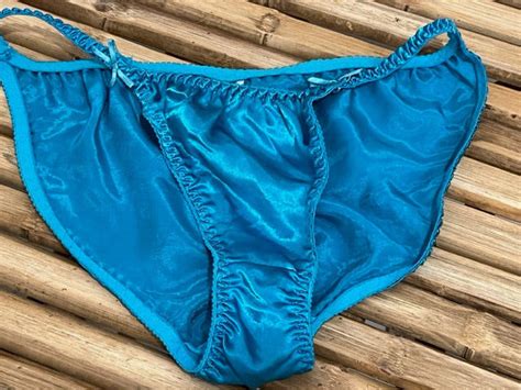 Vintage Shiny Blue Satin Ruched String Bikini Panty W Gem