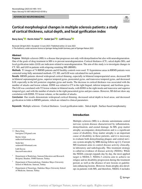 Cortical Morphological Changes In Multiple Sclerosis Patients A Study