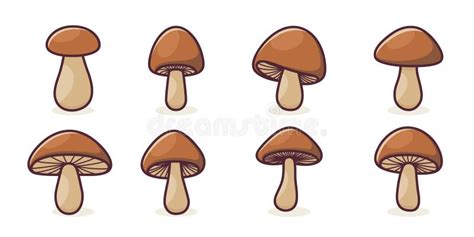 Vector Hand Drawn Cartoon Mushroom With Outline Icon Set Isolated