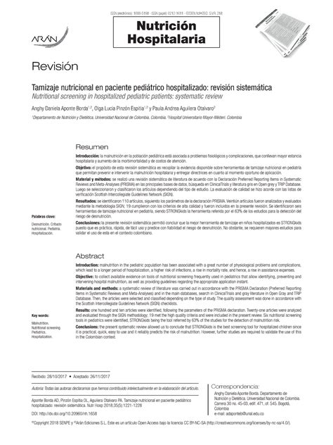 Tamizaje Nutricional En Paciente Pedi Trico Hospitalizado Revisi N