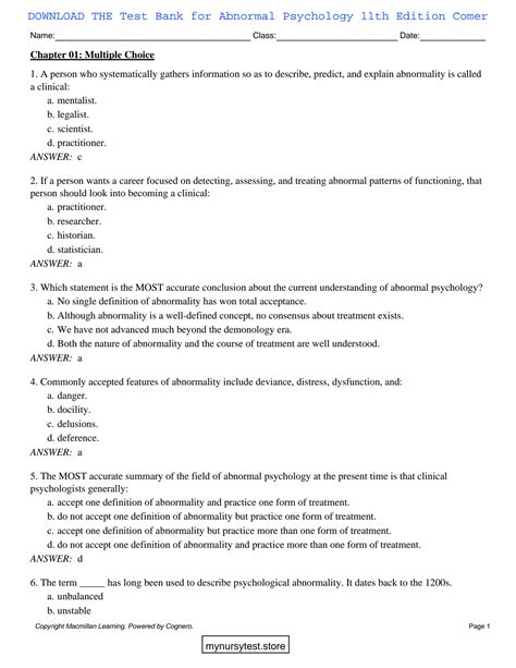 SOLUTION Test Bank For Abnormal Psychology 11th Edition Comer Full