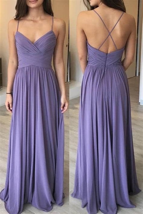 A Line Spaghetti Straps Pleated Lavender Chiffon Bridesmaid Dress