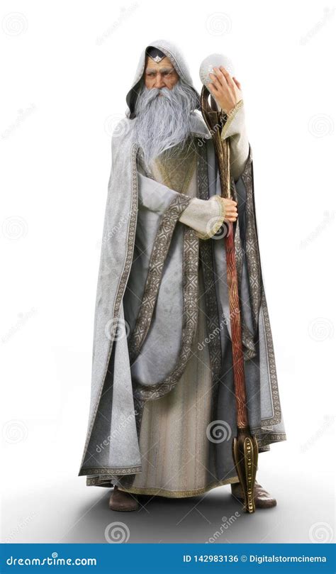 Portrait Of A Hooded Grey Cloaked Wizard Holding His Magical Staff In