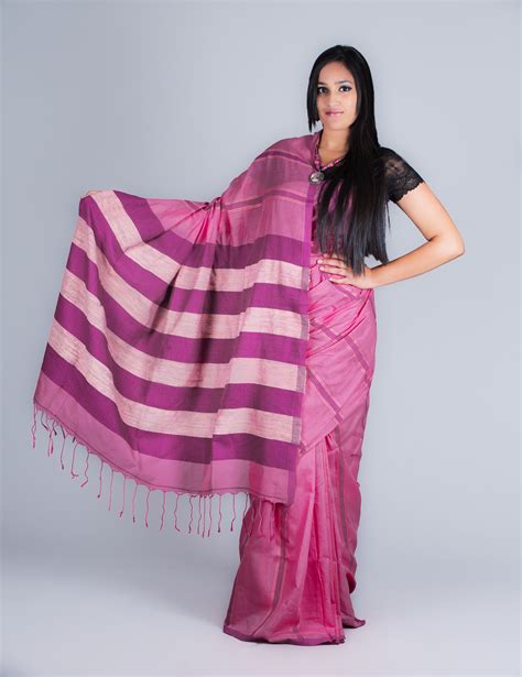 Khadi Cotton Sari Gorgeous Fuchsia Shade And Stripe Detailing