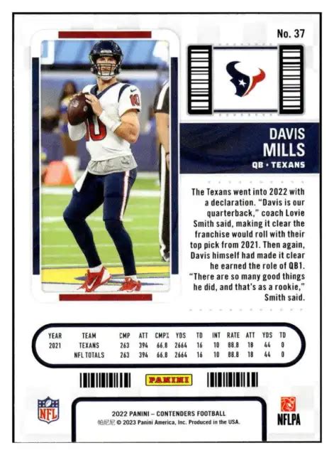 Billet De Saison Davis Mills 2022 Panini Contenders 37 Nfl Texans Id