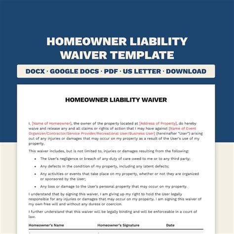 Homeowner Liability Waiver Form Microsoft Word Pdf Google Docs Template