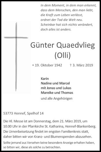 Traueranzeigen Von G Nter Quaedvlieg Wirtrauern