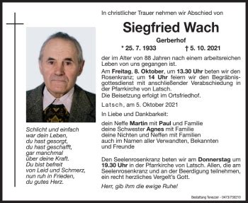 Traueranzeigen Von Siegfried Wach Trauer Bz