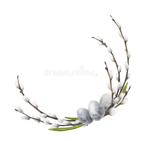 Watercolor Illustration Of A Corner Frame With Easter Eggs And Pussy Willow Isolated Stock