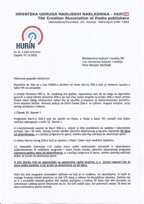 HURiN DOPIS Ministarstvu kulture i medija, izmjene novi ZEM – HURIN
