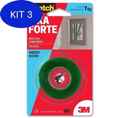 Kit 3 Fita Adesiva Dupla Face Scotch 3M Fixa Forte 24Mmx2M Submarino