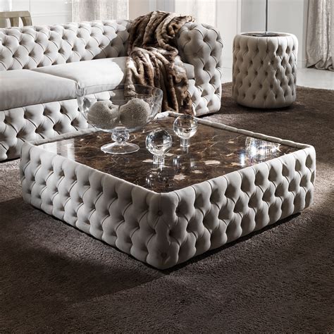 Modern Button Upholstered Nubuck Leather Square Coffee Table