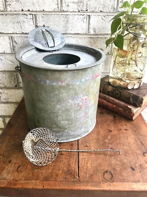 Rustic Minnow Bucket Metal Bait Bucket With Net Two Piece Etsy