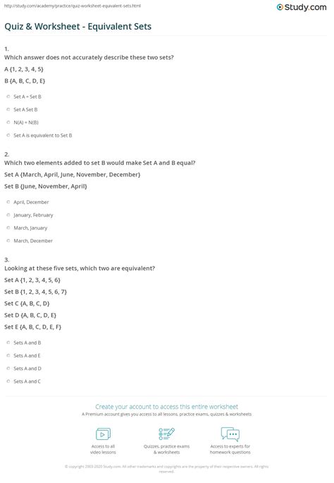 Quiz & Worksheet - Equivalent Sets | Study.com