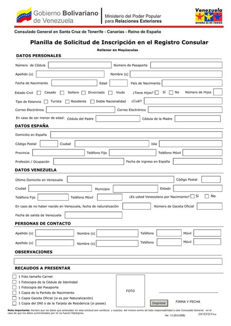 Planilla De Solicitud De Inscripción En El Registro Consular
