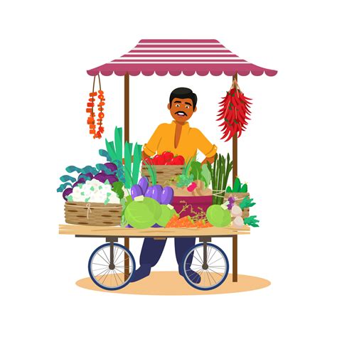 Asian Merchant Selling Vegetables From Cart Indian Character Isolated