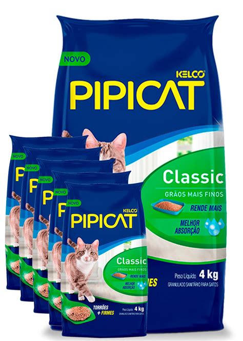 6 Pacotes de 4kg Areia Higiênica Pipicat Classic para Gatos Pet