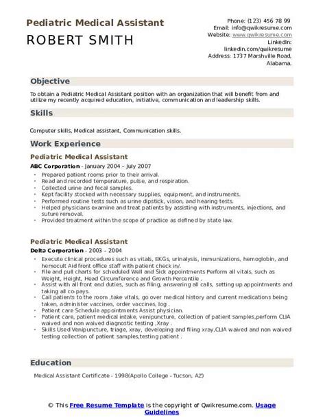 Pediatric Medical Assistant Resume Samples Qwikresume