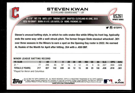 2022 Topps Update Steven Kwan US261 On Kronozio