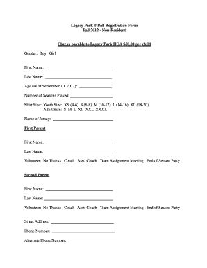 Fillable Online Legacypark Legacy Park T Ball Registration Form Fall