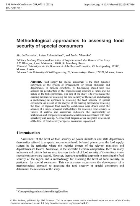 PDF Methodological Approaches To Assessing Food Security Of Special